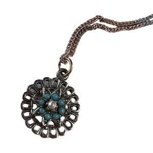 Vintage Dainty Pendant Flower Starburst Boho Western Turquoise Blue Silver White